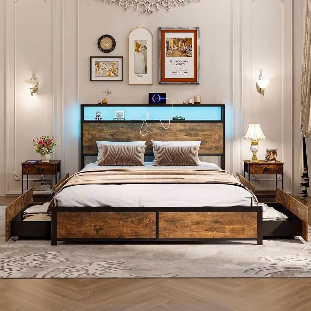PAWNORA Double Bed Frame with LED Under-Bed Lighting in Brown – 5