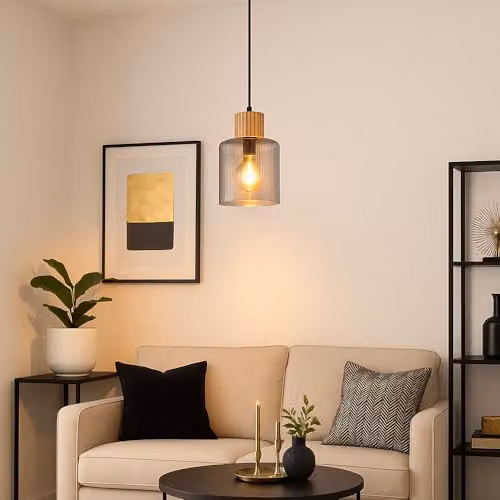 Netlighting Aleidis Industrial Pendant Light with Smoky Glass Shade and Wood and Metal Details, Black and Brown, Height: 120 cm – 3