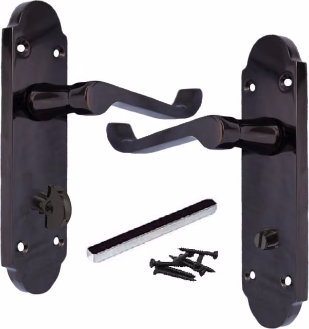 Betley Victorian Scroll Lever Bathroom Door Handle with Lock, Black Nickel and Black Plate
