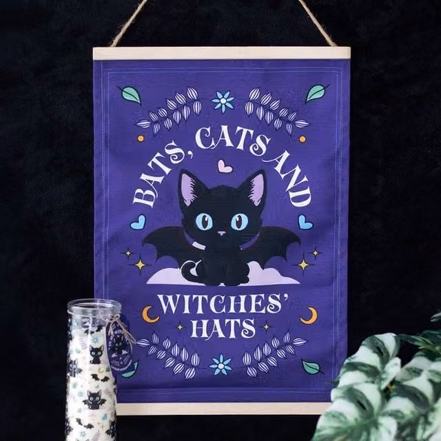 Uniqueful Halloween Fabric Wall Hanging with Bats, Cats and Witches Hats in Purple and Black – 1