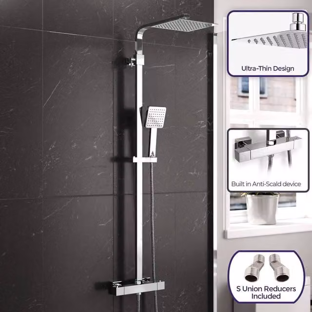 FLAVORA Square Exposed Thermostatic Shower Set with Handheld Shower in Metallic Silver, Width: 52 cm – 1