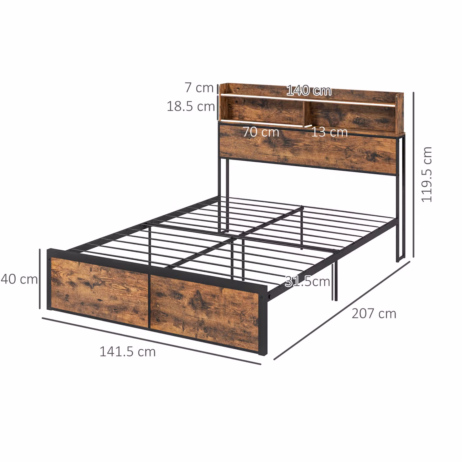 HOMCOM Industrial Double Bed Frame with Metal Side Compartments and Bedside Shelf in Brown, 140 x 200 cm – 3