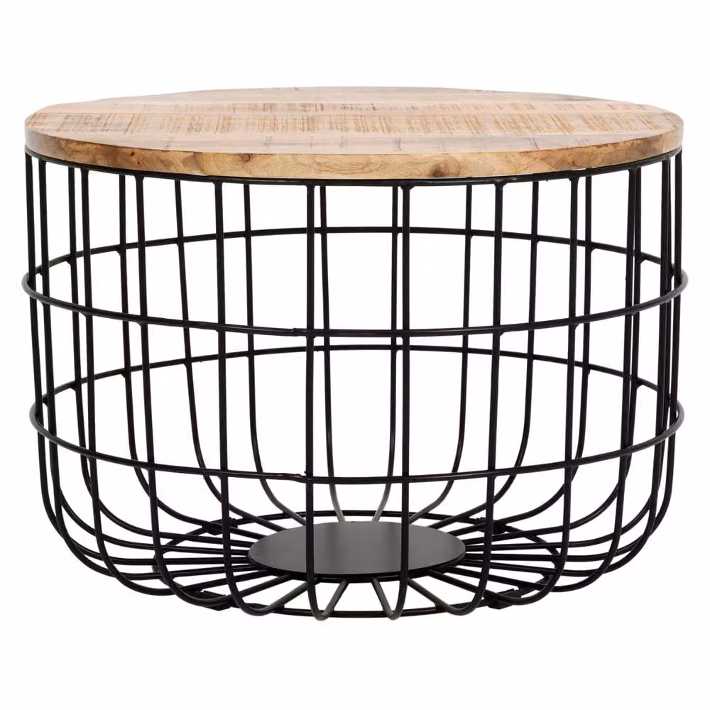 Wyld Haus California Round Solid Mango Wood Coffee Table with Black Metal Wire Base in Brown – 2