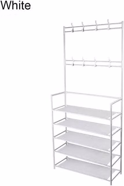 Kelvenix White Metal 5-Tier Coat and Hat Stand with 8 Hooks and Shoe Rack – 1