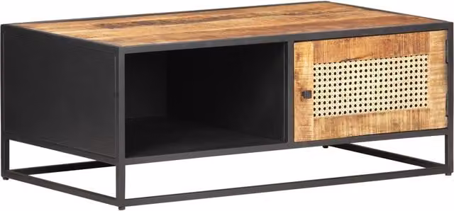 Berkfield Home Rustic Mango Wood and Natural Cane Coffee Table in Brown, W/D/H: 90 x 50 x 35 cm