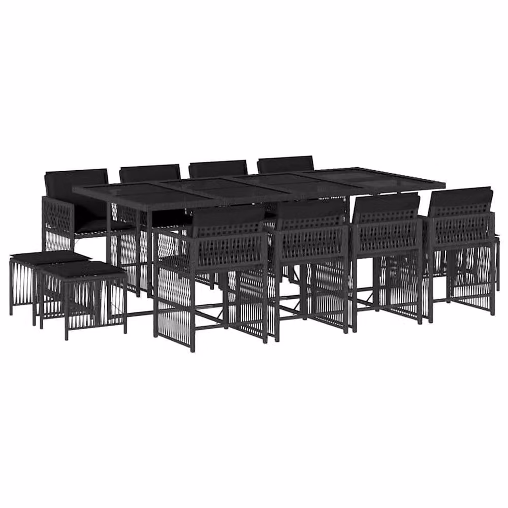 Berkfield Home 13 Piece Black Poly Rattan Garden Dining Set with Cushions and Glass Tabletop – 2