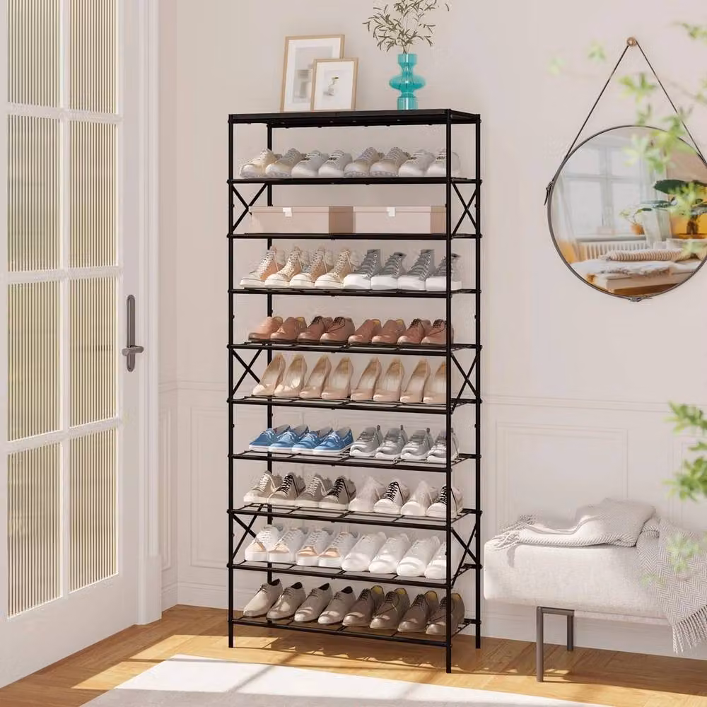 FORGEVIO Black 10 Tier Shoe Storage Rack with Top Shelf, Industrial Metal and Wood Organiser – 3