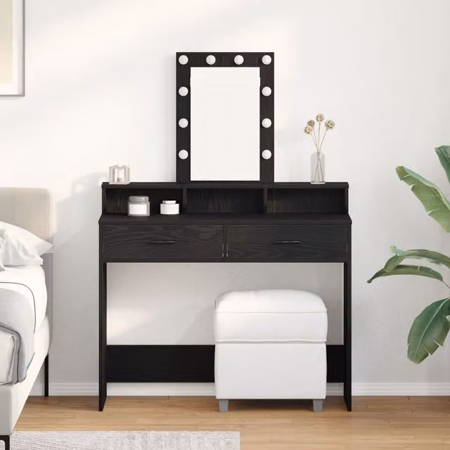 Berkfield Home Modern Black Oak Vanity Table with Hollywood LED Mirror W/D/H: 100 x 41 x 140 cm – 1