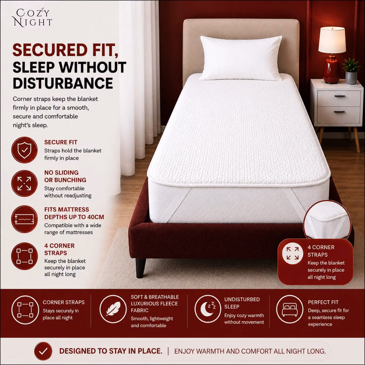 Cozy Night Single Fleece Heated Mattress Cover, White, W/D/H: 90 x 200 cm – 3
