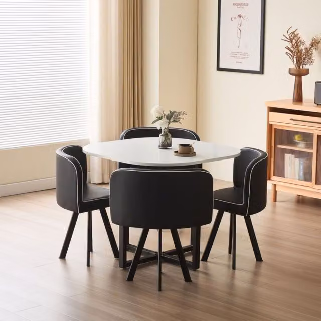 Comfy Living Ltd Modern Square Dining Table Set with 4 Black Chairs and White Table, W/D/H: 90 x 90 x 72 cm – 1