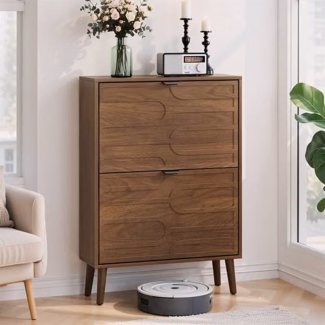 Merax Walnut Shoe Storage Cabinet in Brown with Tilting Compartments and Open Shelf