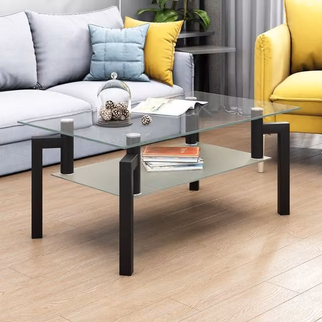 Modern Black Tempered Glass Coffee Table with Geometric Mid-Century Design and Shelf, W/D/H: 60 x 60 x 45 cm
