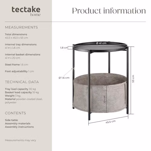 tectake Round Minimalist Side Table in Black Metal, W/D/H: 45.5 x 45.5 x 53 cm – 3