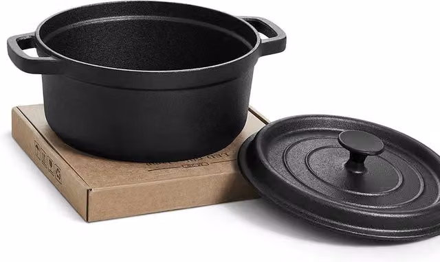 Garden Sanctuary 6L Pre-Seasoned Cast Iron Casserole Dutch Oven with Glass Lid, Black