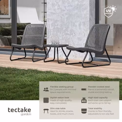 tectake Grey Rattan Garden Furniture Set with 2 Upholstered Lounge Armchairs and 1 Outdoor Coffee Table featuring a Powder Coated Steel Frame – 2