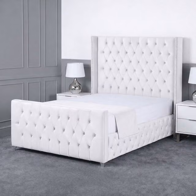 Living Comfort Bedz Executive Luxe White Velvet Upholstered Gas Lift Storage Bed with 48 Inch Headboard, W/D/H: 140 x 200 cm