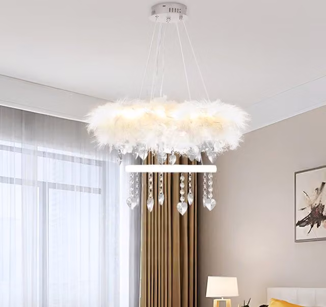Living Star Double Layer Feather and Crystal LED Suspended Pendant Light in White