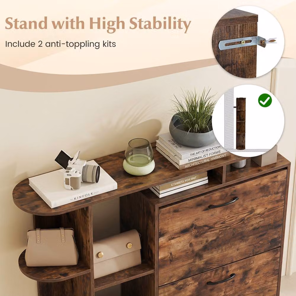 Costway Freestanding Shoe Storage Cabinet with 3 Tilting Compartments in Brown – 5