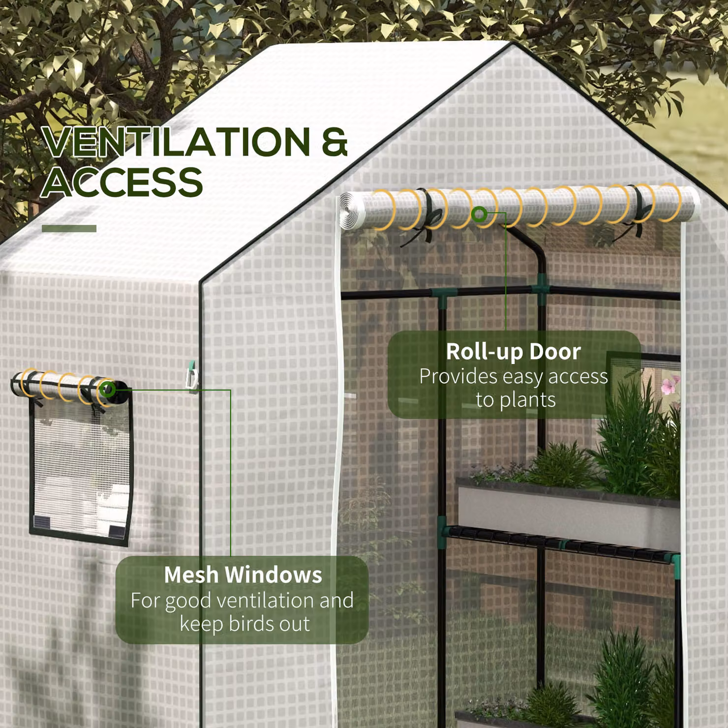 Outsunny White PE Greenhouse Cover Replacement with Roll-up Door and Windows, W: 140 cm, D: 73 cm, H: 190 cm – 3