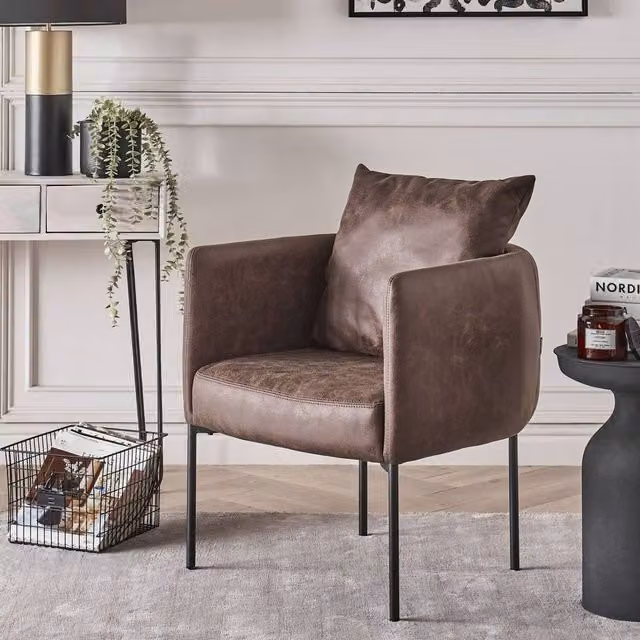 Wyld and Coco Brown Faux Leather Tub Armchair with Black Metal Legs W/D/H: 62 x 68 x 68 cm – 1