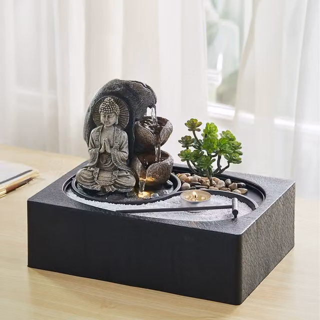 Lifeideas Buddha Zen Tabletop Fountain with LED Light and Tealight Holder in Black