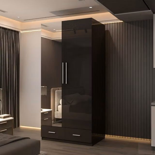 Sliding Wardrobes 4 u Modern Glossy Black Hinged Door Wardrobe with Mirror, Width: 90 cm
