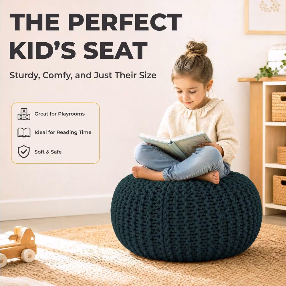 Bravich LTD Chunky Knitted Cotton Pouffe Footstool in Dark Green, Diameter: 50 cm – 9