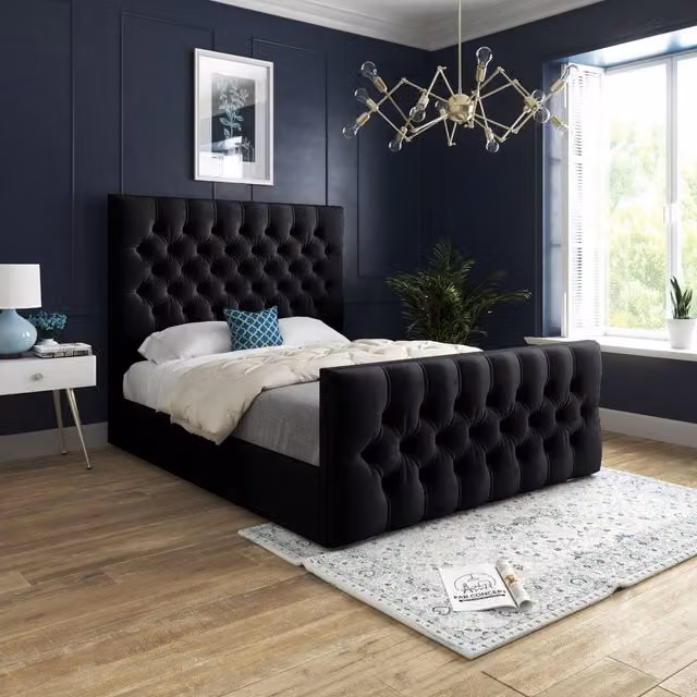 Casani Novara Upholstered Velvet Chesterfield Bed Frame in Black, W/D/H: 137 x 120 x 200 cm – 1