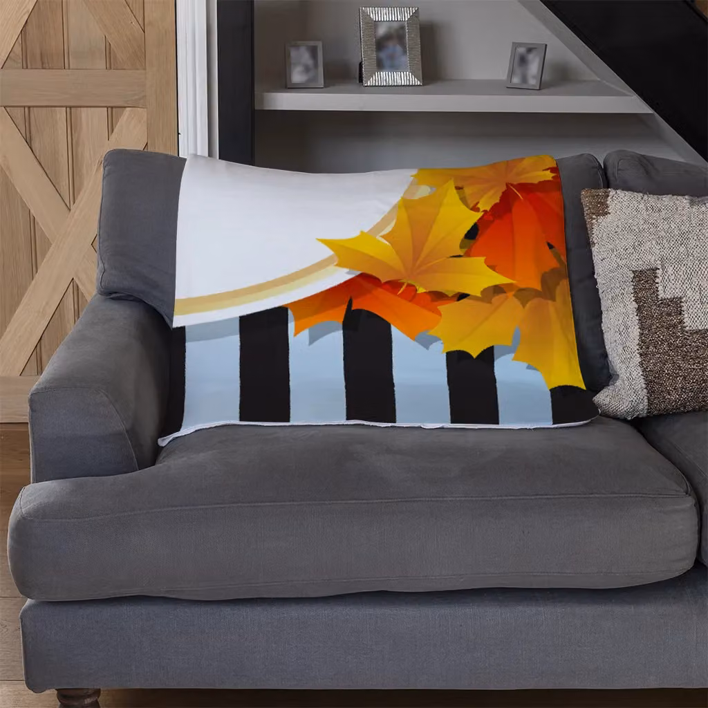 Benjamin Tate Design Orange and Red Autumn Leaves on Black Stripes Fleece Blanket, W/D/H: 120 x 150 cm – 3