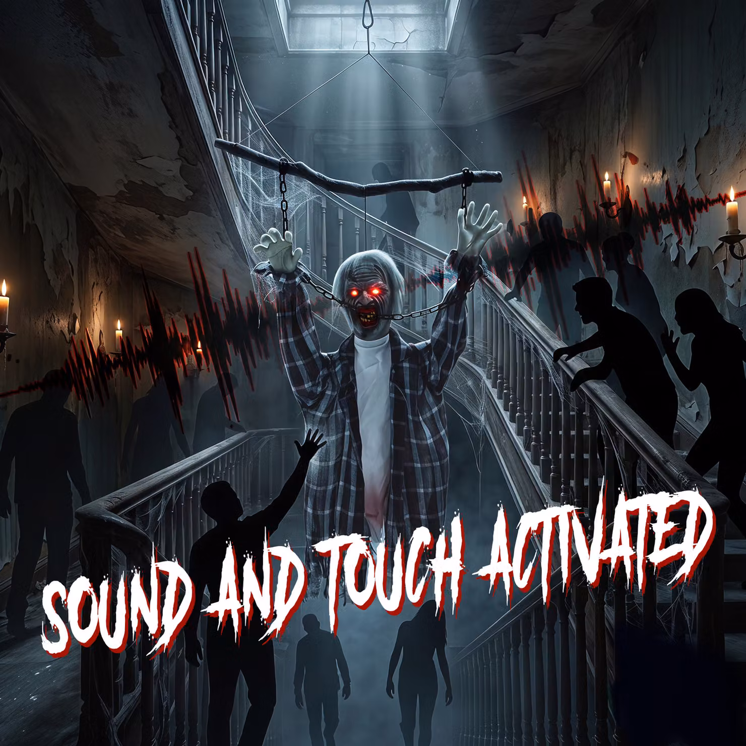 HOMCOM 110cm Animated Hanging Zombie Halloween Decoration with Sound Touch Activation and Glowing Red Eyes – 4