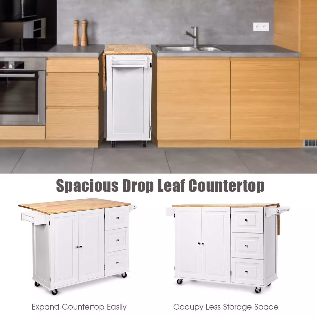 Costway Kitchen Storage Trolley Cart with 3 Drawers and Rubberwood Shelves in White and Multicolour – 3