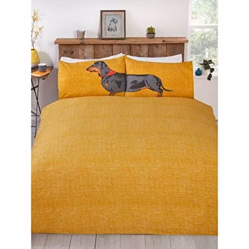 Rapport Home Hello Sausage Polycotton Reversible Duvet Cover and Pillowcase Set in Orange and Grey, W: 135 cm, H: 200 cm, Pillowcase: 50 x 75 cm
