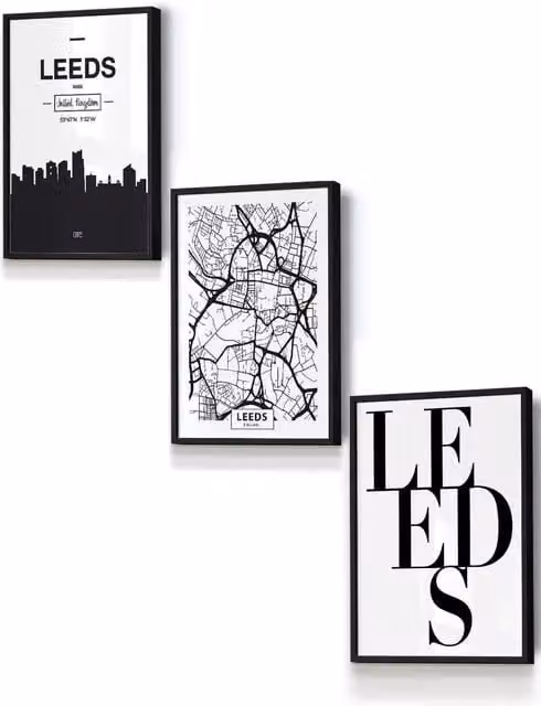 ARTZE LEEDS Skyline Street Map City Prints Framed Wall Art, Black, W: 33 cm, H: 45 cm, D: 20 mm