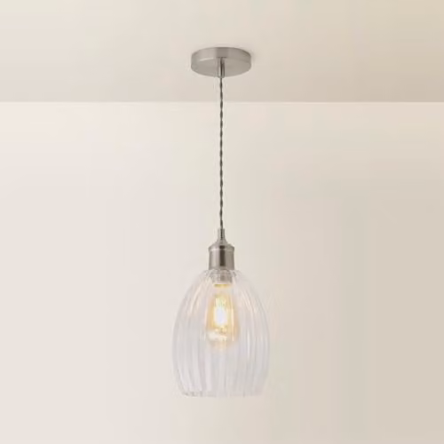 ValueLights Cheltenham Brushed Chrome and Transparent Ribbed Glass Dome Pendant Ceiling Light – 1