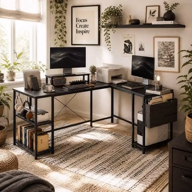 Wyld Haus Kadoso Black Reversible L Shaped Corner Desk with Monitor Stand and Shelves, Width: 168 cm