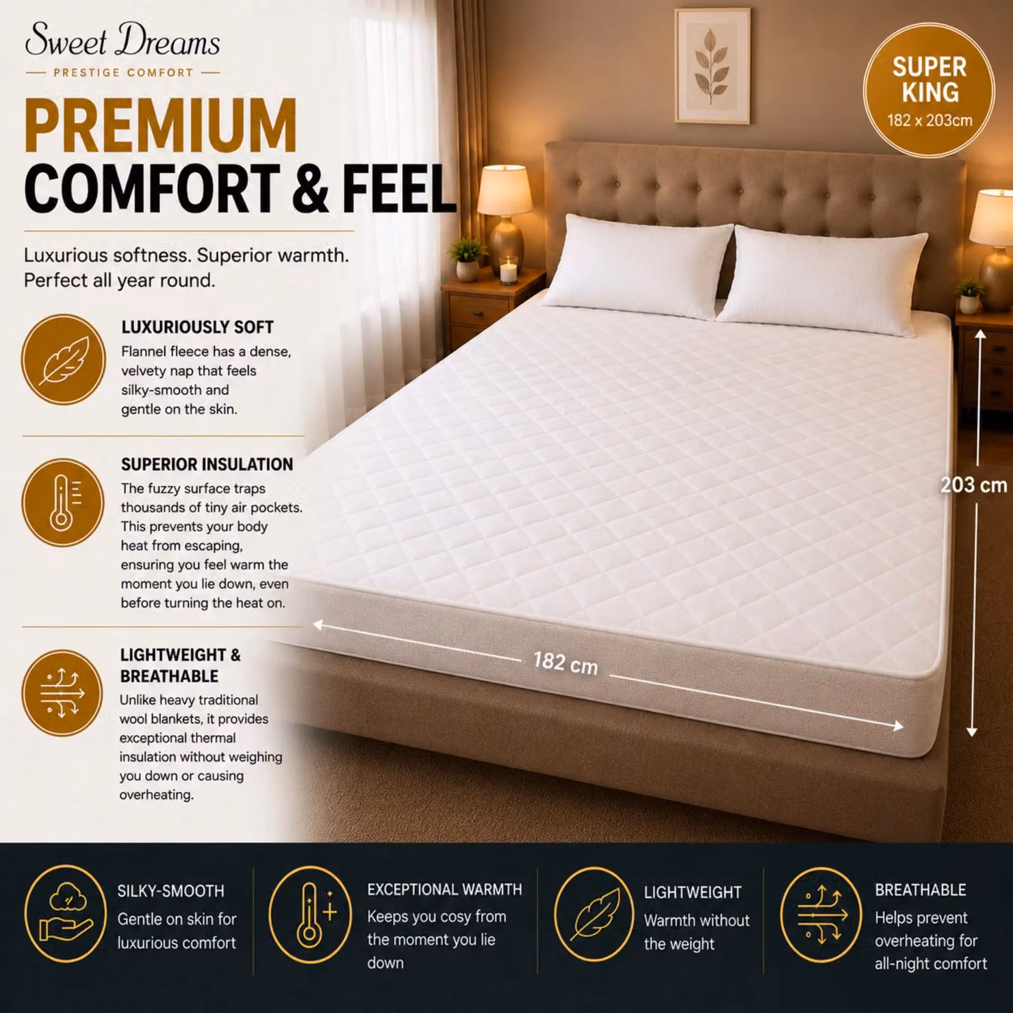 Sweet Dreams Quilted Super King Heated Mattress Cover in White, W/D/H: 180 x 200 cm – 2