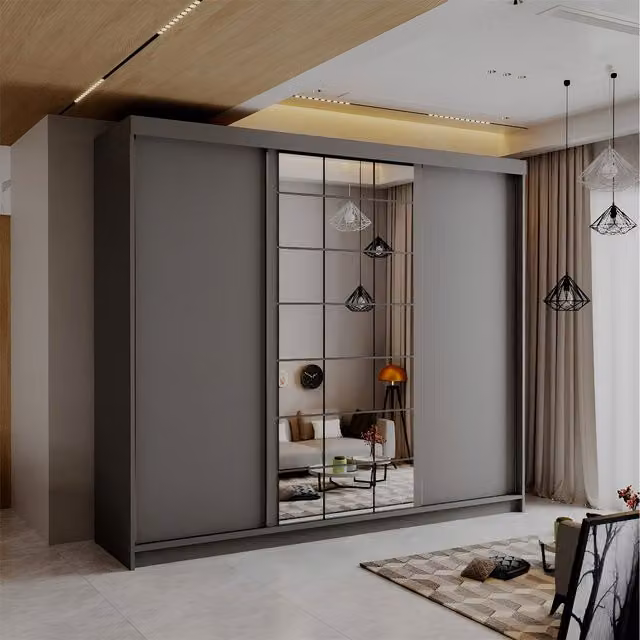 Sliding Wardrobes 4 u Casanova Modern Grey Sliding Mirror Door Wardrobe with Internal Drawers and Shelves, W: 250 cm