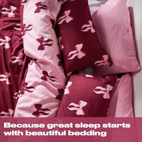 OHS Reversible Bow Printed Microfibre Single Duvet Cover and Pillowcase Set in Pink and Red, Duvet Cover: 135 x 200 cm, Pillowcase: 48 x 74 cm – 1