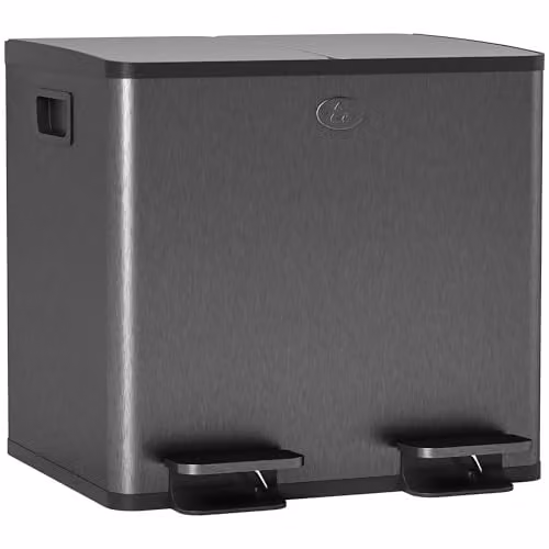 HOMCOM Dual Kitchen Pedal Bin with Soft Close Lid and Odour Filter, Black Stainless Steel, 2 x 15L