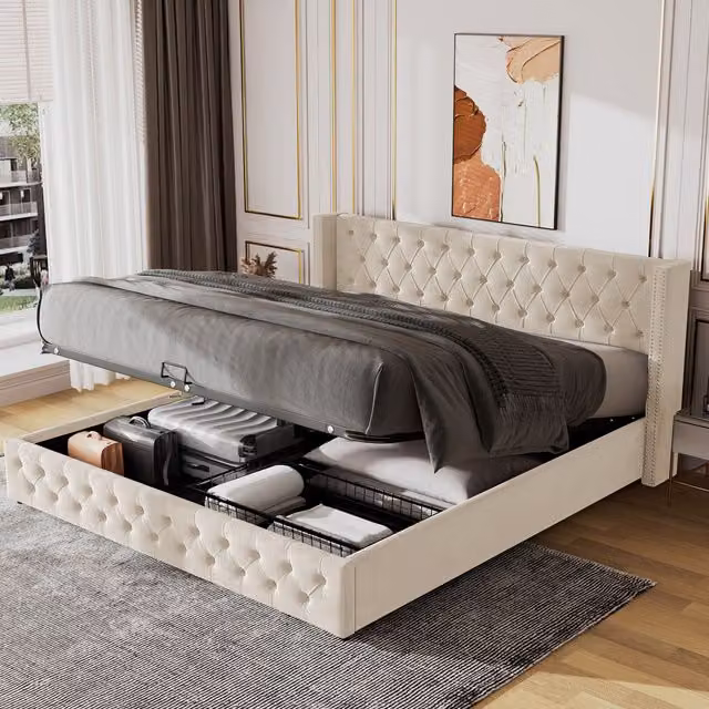 Matteo Modern Upholstered Velvet Bed in Beige with Hydraulic Lift-Up Storage, W/D/H: 140 x 200 cm