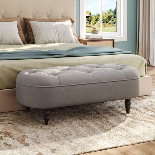 Komore Modern Grey Fabric Upholstered Footstool with Wooden Frame and Black Legs