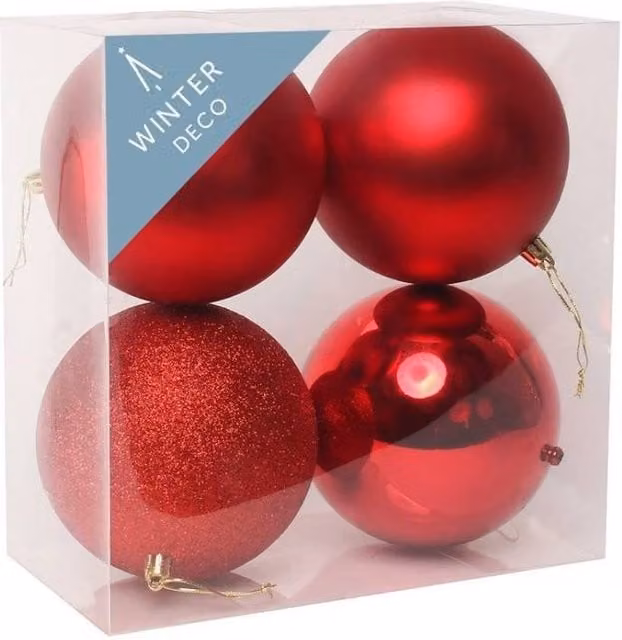 KDMD Red Shatterproof Round Christmas Baubles, 4 Pack, Diameter: 12 cm