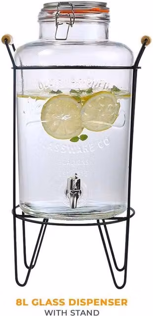 FLAVORA 8L Glass Drink Dispenser with Metal Stand and Tap in Transparent