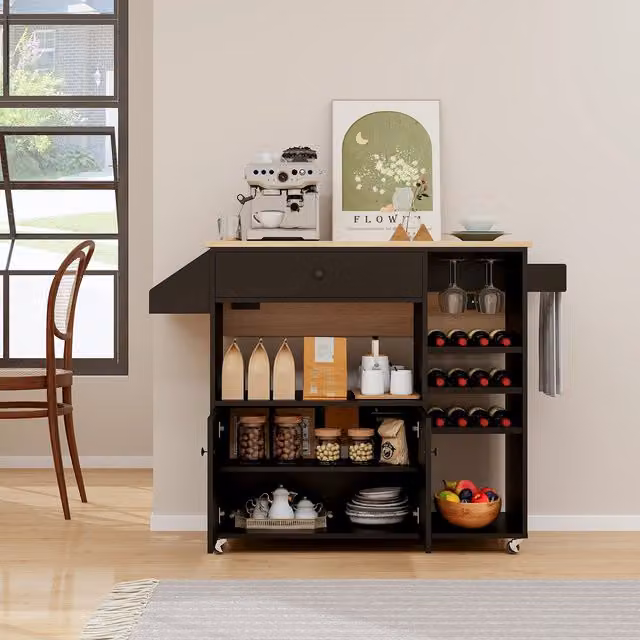 COSTWAY Modern Black Drop Leaf Kitchen Island Cart with Wood Finish
