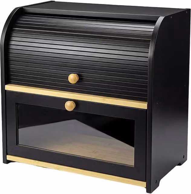 Toque 2-Tier Large Capacity Roll Top Bread Box in Black Bamboo with Acrylic Door, W: 40.0 cm, D: 27.5 cm, H: 38.5 cm – 1