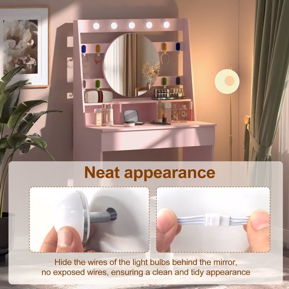 KEEPREAPER Modern Pink Dressing Table with Hollywood LED Lights and Lift Mechanism – 4