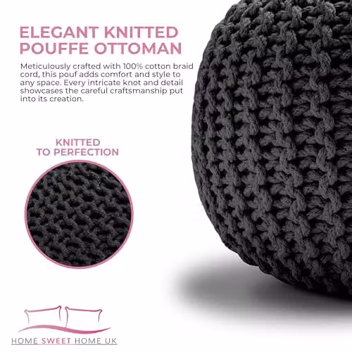 Snug City Black Chunky Knitted Cotton Round Pouffe Ottoman Footstool W/D/H: 50 x 50 x 30 cm – 6
