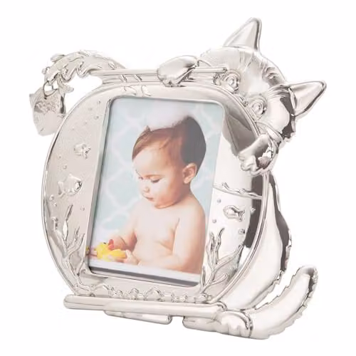 Happy Homewares Quirky Hiding Cat Themed Nickel Plated Silver Picture Frame with Hanging Fish for 4x4 Inch Photographs