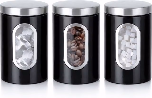 Innoteck 3 Piece Stainless Steel Airtight Kitchen Canister Set with Viewing Window, Black