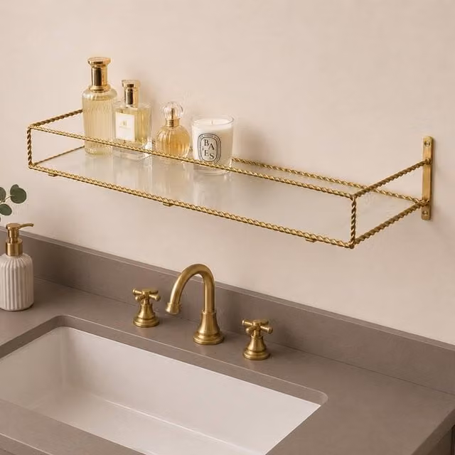 Melody Maison Large Gold Twisted Rope Design Wall Mounted Shelf with Frosted Glass
